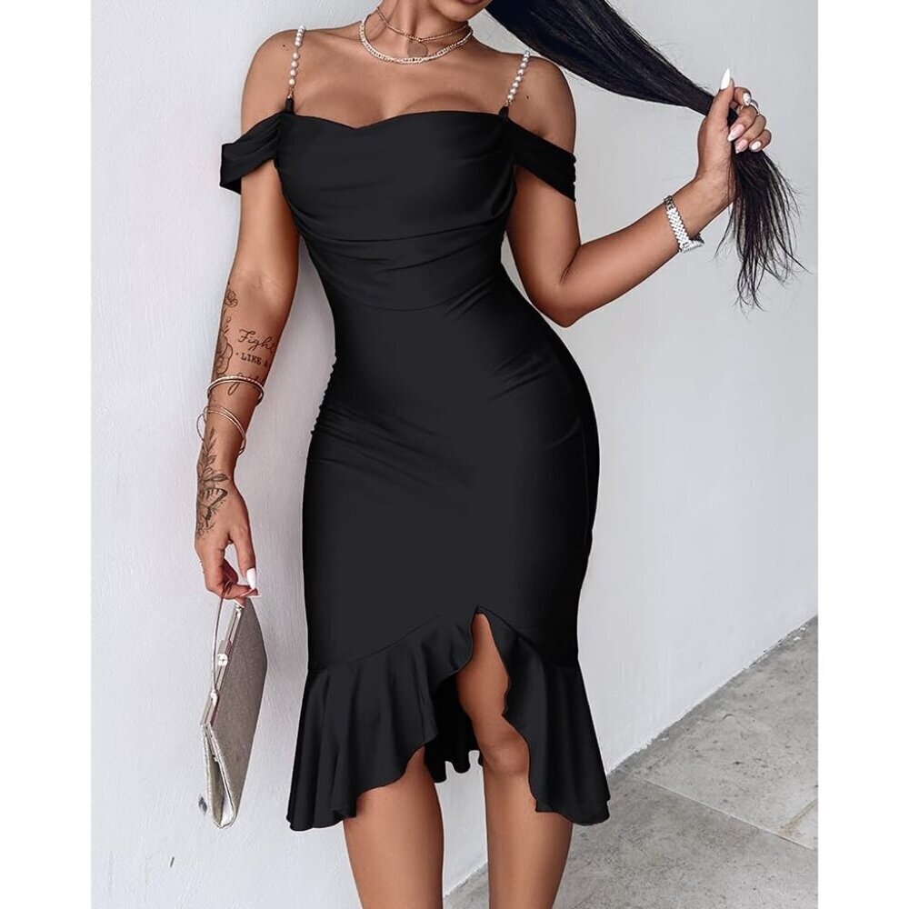 Women Sexy Body con Black Dress Off Shoulder Pearl Strap Midi Ruffle Cocktail - Picture 3 of 5